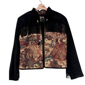 Black Suede Fringe Western Tapestry Jacket